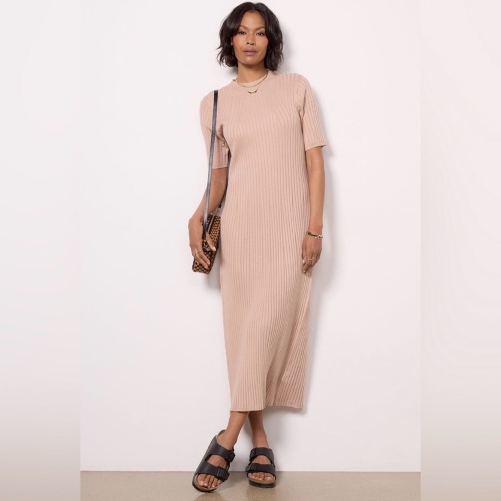 Varley Maeve Ribbed Knit Midi Dress Women’s XL Warm‎ Taupe Neutral Short Sleeve